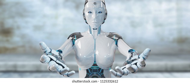 White woman cyborg opening her two hands isolated on white background 3D rendering