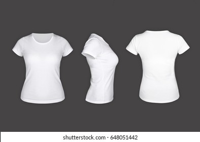 White woman t shirt template on the grey background ( front view, sideways, behind )