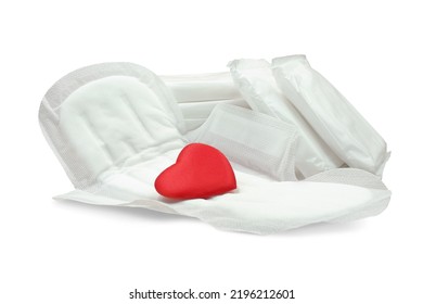 White Women Sanitary Pad With Red Heart And Stack Of Napkins Isolated On White Background       