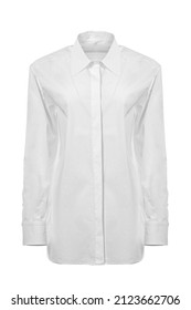 White Women's Classic Shirt With Buttons And Long Sleeves, On A White Background, Invisible Mannequin