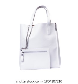 White Women's Handbag With A Chain On A White Background.