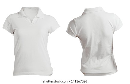 White women's polo shirt, front and back design isolated on white