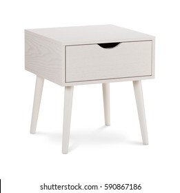 White Wood Bedside Table. Modern Designer, Nightstand Isolated On White Background. Series Of Furniture