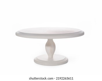 white wood stand with a leg, for desserts and cakes. Isolated stand on white background