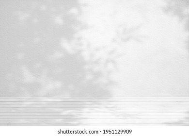 White Wood Table With Bamboo Tree Shadow On Concrete Wall Texture Background, Suitable For Product Presentation Backdrop, Display, And Mock Up.