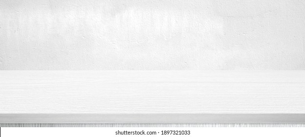 White Wood Table And White Wall Background In Kitchen, Wooden Shelf, Counter For Food And Product Display In Room Background, White Wood Table Top, Desk Surface Banner, Mockup, Template 