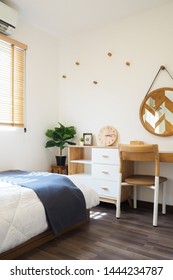 White And Wood Tone Interior House Small Bedroom