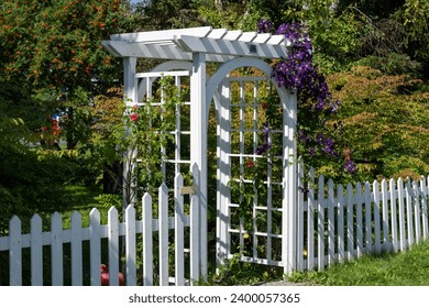 A white wooden archway and white wood picket fence surround a garden. There's a colorful purple vine hanging along the top of the fence and around the arch. The garden has trees and lush green grass. - Powered by Shutterstock