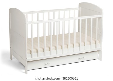 White Wooden Baby Crib Isolated On White Background