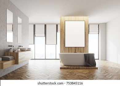 White and wooden bathroom interior with a wooden floor, a large window, a double sink and a white bathtub. A framed vertical poster hanging on the wall. 3d rendering mock up