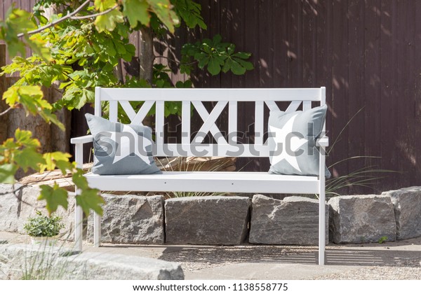 White Wooden Bench Cushions Outdoors Stock Photo Edit Now 1138558775