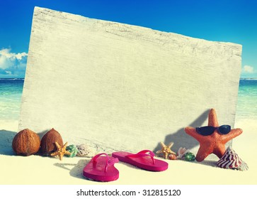 White Wooden Board Objects By The Beach Concept