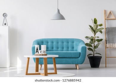 White Wooden Coffee Table Next To Blue Elegant Couch In Bright Living Room Interior With Plant In Black Pot And Scandinavian Ladder