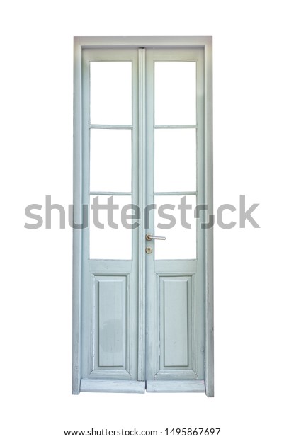 White wooden double glazed door isolated on\
white background