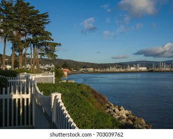 White wooden fence on Pacific Ocean Coastline, Half Moon Bay^ California