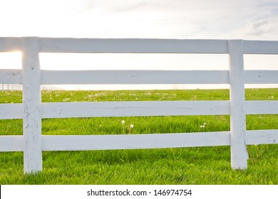 White Wooden Horse Fence On Country Site At Spring.