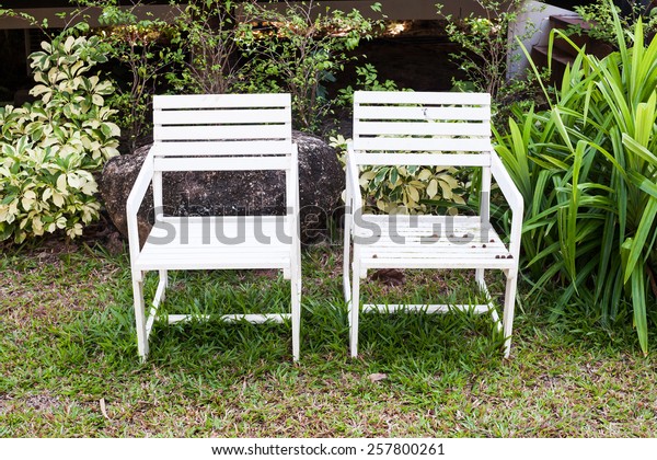 White Wooden Lawn Chairs Front Back Stock Photo Edit Now 257800261