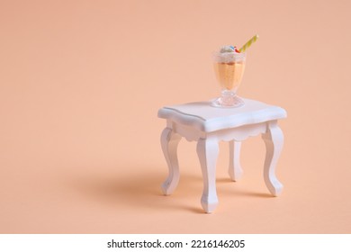 White Wooden Mini Table And Shake For Doll House On Studio Background