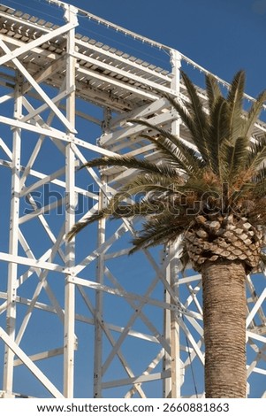 White wooden rollercoaster structure with string lights and palm tree against blue sky, evoking a retro amusement park atmosphere