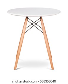 White Wooden Round Dining Table. Modern Designer, Dining Table Isolated On White Background. Series Of Furniture.