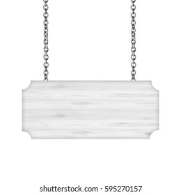 White Wooden Sign Hanging On A Chain Isolated On White