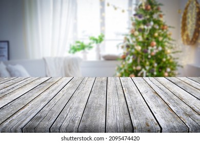 White wooden table in Christmas interior for object placement - Shutterstock ID 2095474420