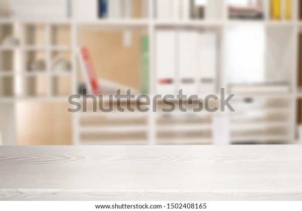 White Wooden Table Top Blurred Bookshelf Backgrounds Textures