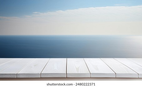 White Wooden table top surface with a view of the a calm sea, product display - Powered by Shutterstock