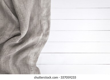  White Wooden Table. Wood Texture And Textile Texture. Top View