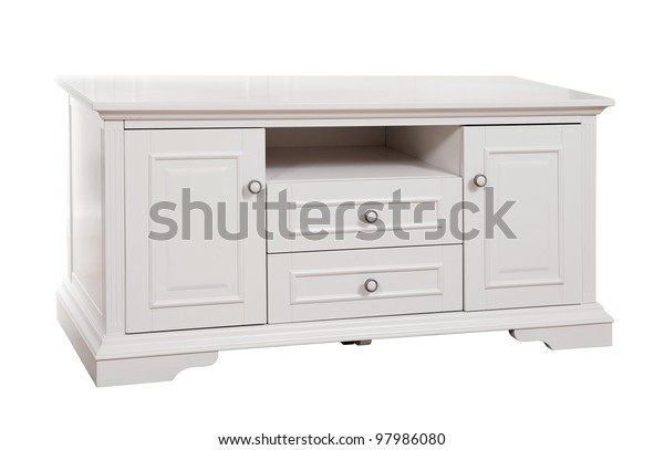 White Wooden Tv Stand Isolated Over Stock Photo Edit Now 97986080