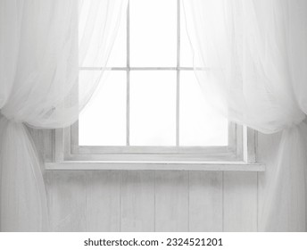 White wooden window with a wide sill in a light interior in the rays of sunlight. Banner with a place for writing, advertising mock-up.