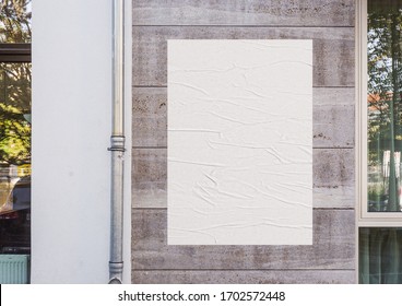 White Wrinkled Poster Template. Glued Paper Mockup. Blank Wheatpaste On Textured Wall. Empty Street Art Sticker Mock Up. Clear Urban Glued Advertising Canvas.