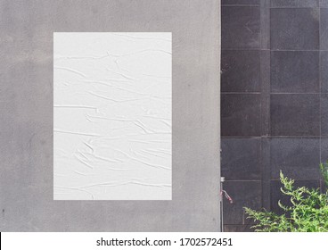 White wrinkled poster template. Glued paper mockup. Blank wheatpaste on textured wall. Empty street art sticker mock up. Clear urban glued advertising canvas.
