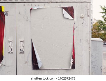 White wrinkled poster template. Glued paper mockup. Blank wheatpaste on textured wall. Empty street art sticker mock up. Clear urban glued advertising canvas. - Shutterstock ID 1702572475
