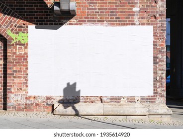 White wrinkled poster template. Glued paper mockup. Blank wheatpaste on textured wall. Empty street art sticker mock up. Clear urban glued advertising canvas. Billboard advertisment advertiser. - Shutterstock ID 1935614920