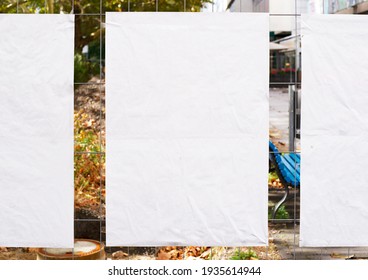 White Wrinkled Poster Template. Glued Paper Mockup. Blank Wheatpaste On Textured Wall. Empty Street Art Sticker Mock Up. Clear Urban Glued Advertising Canvas. Billboard Advertisment Advertiser.