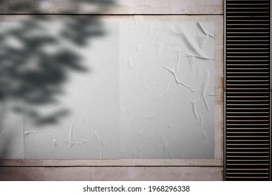 White Wrinkled Poster Template. Glued Paper Mockup. Empty Street Art Sticker Mockup. Urban Glued Advertising Canvas