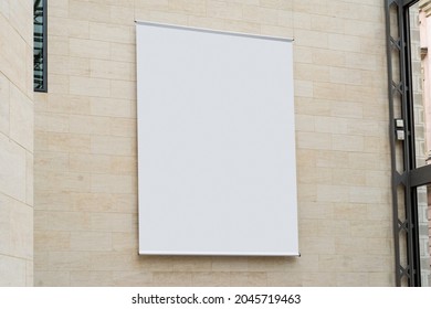 White Wrinkled Poster Template. Glued Paper Mock Up. Blank Wheat Paste On Textured Wall. Empty Street Art Sticker Mock Up In Frame. Clear Urban Glued Advertising Canvas.