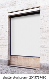 White Wrinkled Poster Template. Glued Paper Mock Up. Blank Wheat Paste On Textured Wall. Empty Street Art Sticker Mock Up In Frame. Clear Urban Glued Advertising Canvas.