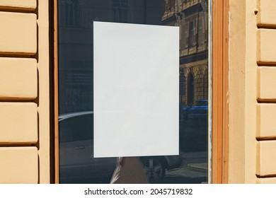 White wrinkled poster template. Glued paper mock up. Blank wheat paste on textured wall. Empty street art sticker mock up in frame. Clear urban glued advertising canvas.