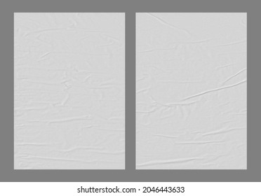 White wrinkled poster template. Glued paper texture mock up. Blank wheat paste on white background. Empty mock up in frame. Clear urban glued advertising canvas.