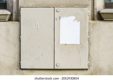 White Wrinkled Poster Template. Glued Paper Mock Up. Blank Wheat Paste Billboard. Empty Street Art Sticker Mock Up In Frame. Clear Urban Glued Advertising Canvas.