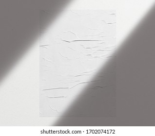 White wrinkled poster template shadow. Isolated glued paper mockup. Blank wheatpaste   on textured wall, 3d rendering. Empty street art sticker mock up. Clear urban glued advertising canvas.