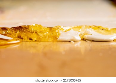 White Yellow Caramel Mass For Preparation Of Lollipops Spread On Pastry Table. Cooking Sweet Candy. Handmade Sweets. Background Of Sweet Food, Candies For Holiday, Children's Birthday. Extra Close Up.