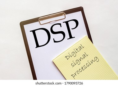 White And Yellow Paper With Text DSP Digital Signal Processing On A White Background With Stationery