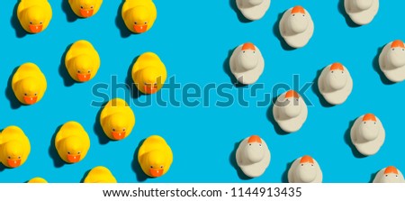 White and yellow rubber ducks in different directions concept