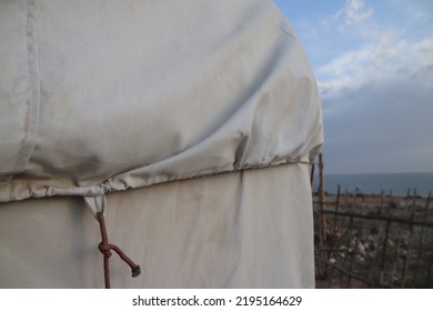 White Yurt Tent Close Up In Cloudy Weather