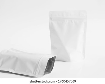 White Zipper Bag For Food Packaging. Empty Zip Package On White Background.