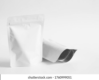 White zipper bag for food packaging. Empty zip package on white background.