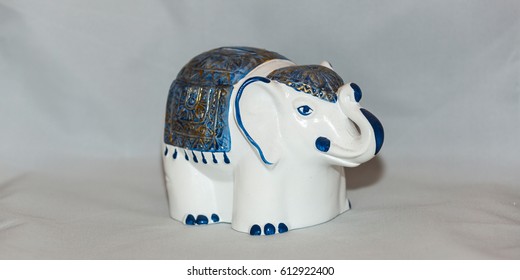 White-blue Clay Coin Box For Money In The Form Of An Elephant